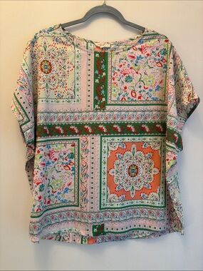 easel Floral Patchwork Print Blouse in Green, Orange, Pink in EUC